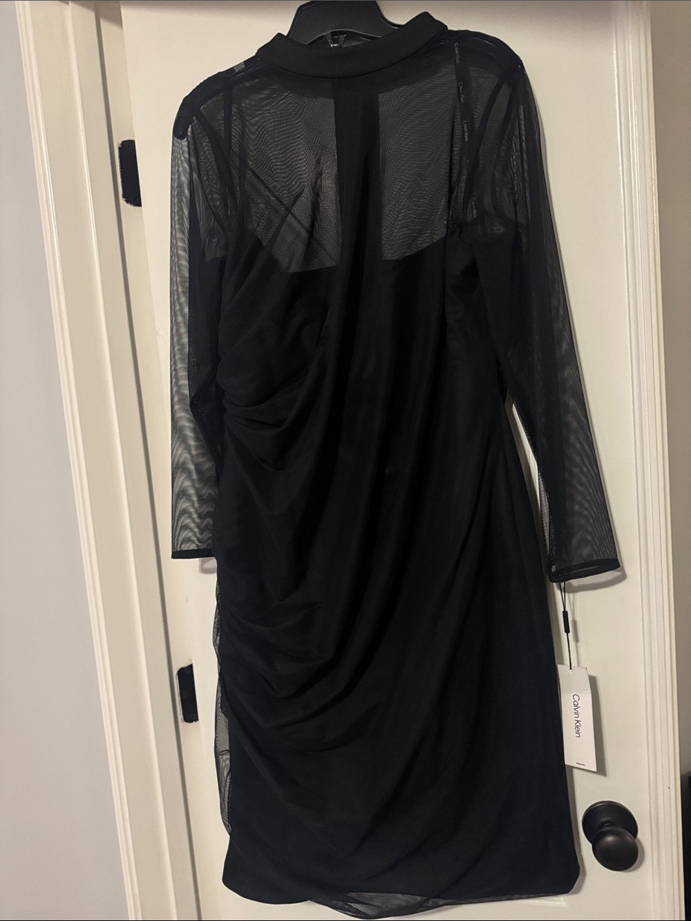 Calvin Klein Black Long-Sleeve Mesh Ruched Dress